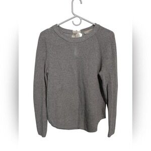 LOFT Grey Ribbed Knit Cotton Sweater Bow Back‎ Keyhole Medium Raglan Sleeve